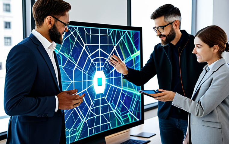 Blockchain & Creative Economy**
"A diverse group of professionals collaborating around a holographic display showing a blockchain network, symbolizing a fair digital economy. Modest clothing, professional attire, modern office environment with lots of natural light. Safe for work, appropriate content, fully clothed, perfect anatomy, correct proportions, well-formed hands, professional, family-friendly."
**