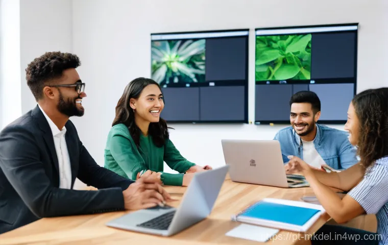 디지털 공유재의 효과적인 관리 접근법 - **Community and Collaborative Digital Commons**
    A vibrant, medium shot of a diverse group of adu...