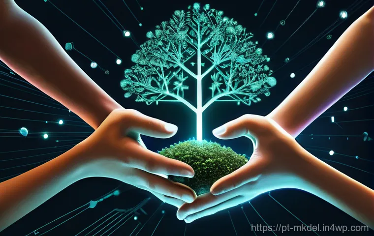 디지털 공유재의 효과적인 관리 접근법 - **Community and Collaborative Digital Commons**
    A vibrant, medium shot of a diverse group of adu...