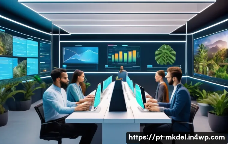 디지털 공유재 관리에서의 기술적 혁신 - A futuristic digital workspace showcasing a diverse group of people collaboratively managing shared ...