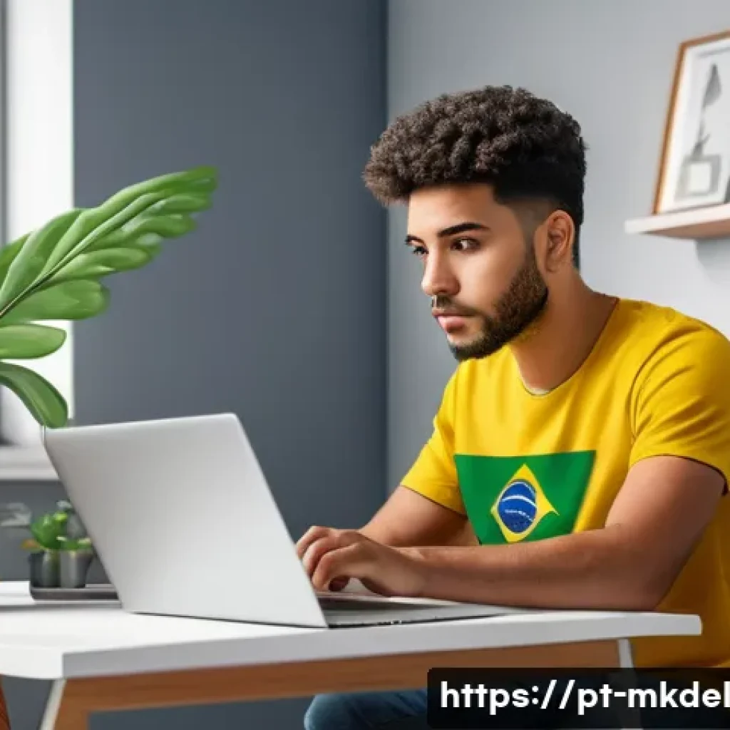 디지털 공유재와 소비자 보호 정책 - A detailed digital illustration of a young Brazilian adult sitting at a modern home office desk, cau...