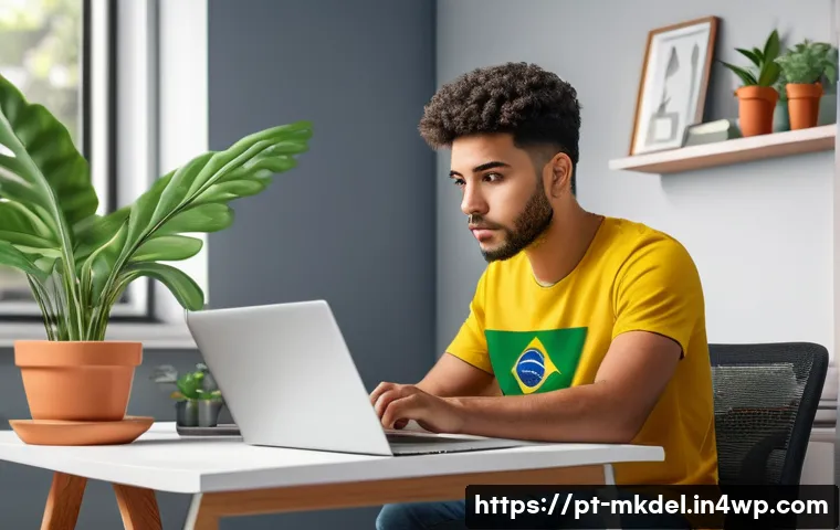 디지털 공유재와 소비자 보호 정책 - A detailed digital illustration of a young Brazilian adult sitting at a modern home office desk, cau...