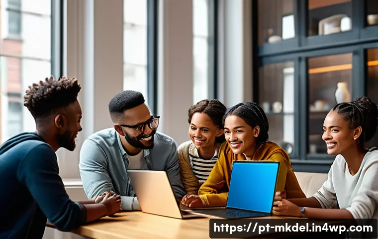 디지털 공유재의 사용자 참여 증가 방법 - A vibrant and diverse digital community gathering in a cozy, modern online forum setting, showing pe...