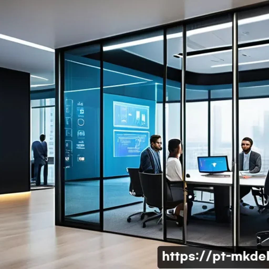 디지털 공유재 관리의 도전 과제 - A modern corporate office environment featuring diverse professionals collaborating around a large d...