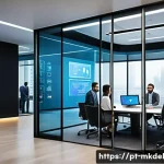 디지털 공유재 관리의 도전 과제 - A modern corporate office environment featuring diverse professionals collaborating around a large d...