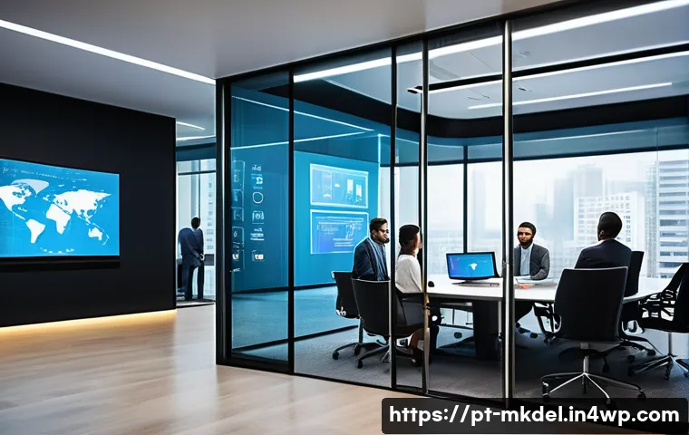 디지털 공유재 관리의 도전 과제 - A modern corporate office environment featuring diverse professionals collaborating around a large d...