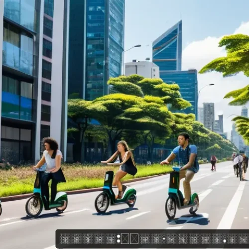 디지털 공유재 시장 트렌드 - A bustling urban scene in São Paulo featuring diverse young adults using shared mobility services: p...