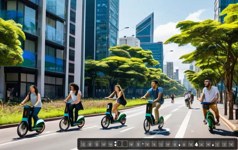 디지털 공유재 시장 트렌드 - A bustling urban scene in São Paulo featuring diverse young adults using shared mobility services: p...