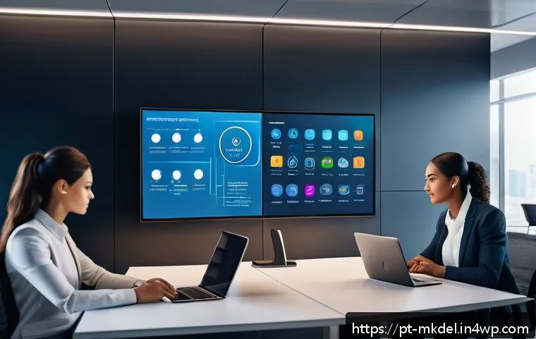 디지털 공유재 관리의 위험 요소 - A modern office environment with a diverse team of professionals collaborating around a large digita...
