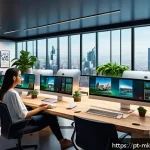 디지털 공유재의 시장 분석 - A modern digital workspace featuring a diverse group of young Brazilian professionals collaborating ...