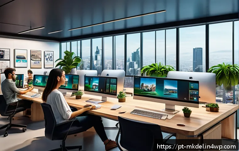 디지털 공유재의 시장 분석 - A modern digital workspace featuring a diverse group of young Brazilian professionals collaborating ...